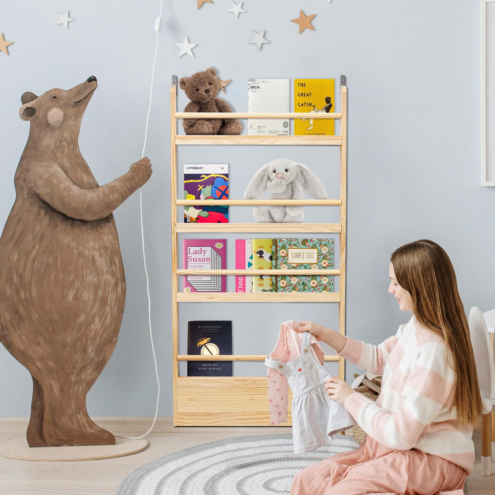 SweetBin Kids Bookshelf 4-Tier - Space-Saving Behind The Door Storage Shelf - Pine Wood Thin Bookshelf 4 Shelves Wall Mounted - Suitable for Children's Books in Bedroom, Living Room and Nursery