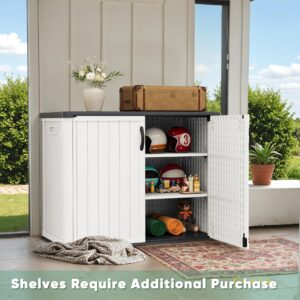 Devoko Outdoor Storage Cabinet 26 Cu Ft with Pad-Lockable Doors, Horizontal Storage Shed Waterproof Patio Tools Storage Box for Sofa Cushions, Gardening Tools and Accessories (White)