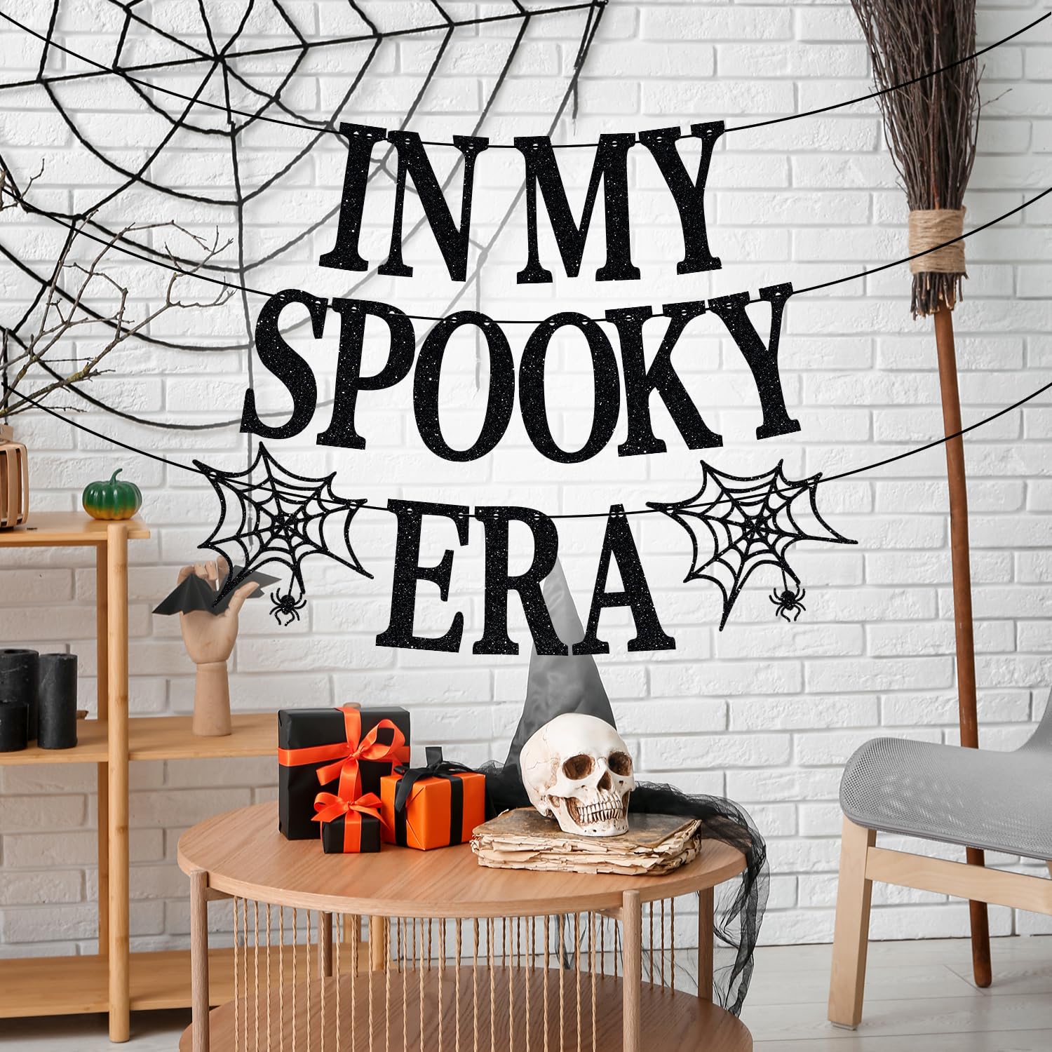 Jenrtvis In My Spooky Era Banner, Halloween Birthday Party Decoration Supplies, It's Halloween Time, Spooky Season Party Decoration Supplies, Halloween Horror Party Banner Black Glitter