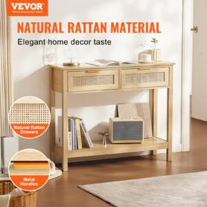 VEVOR Rattan Console Table with 2 Storage Drawers, Rattan Entryway Table with Natural Rattan Sliding Door, Console Sofa Table for Living Room, Study, Entryway Or TV Wall, Natural