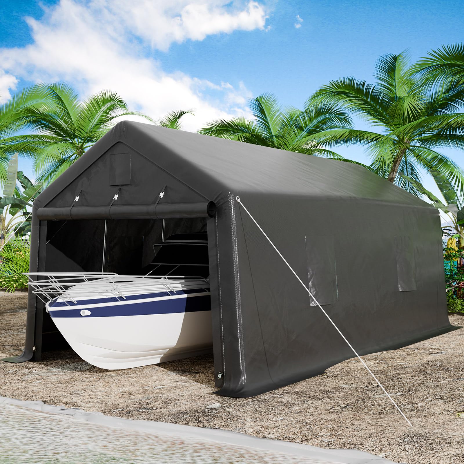 K Knowbody 12 x 20 FT Carport,Heavy Duty Peak Portable Garage with All-Steel Metal Frame & Ventilated Windows, Anti-Snow UV Protection Car Canopy Outdoor Storage Shelter for Car,Truck,Boat,Black