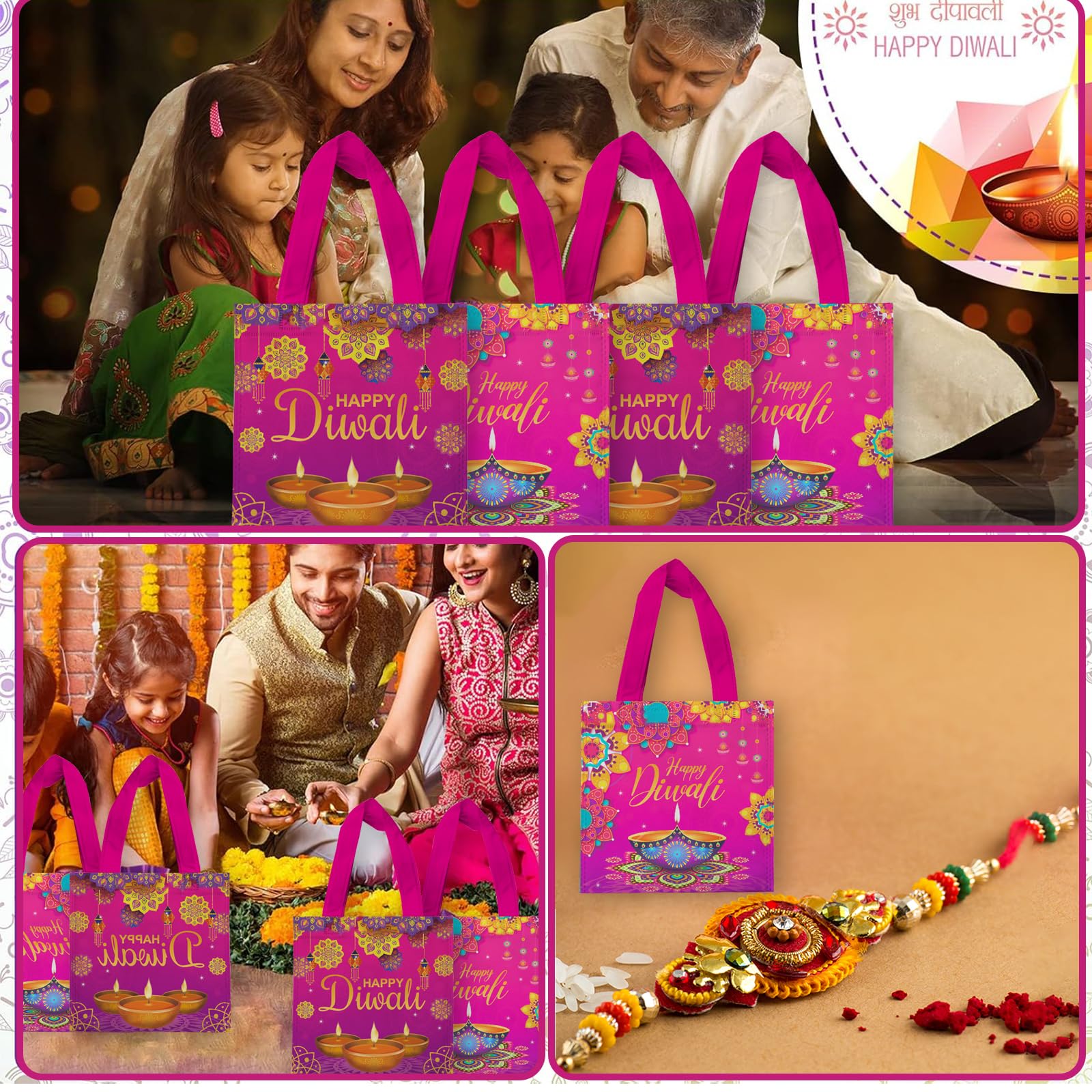 20 Pcs Happy Diwali Favor Bags,Treat Candy Goodie Gift Non-woven Bags Reusable for Happy Diwali Party Supplies Festival of Lights Day Gift Packs Snacks Candy Bags Happy Diwali Party Decorations