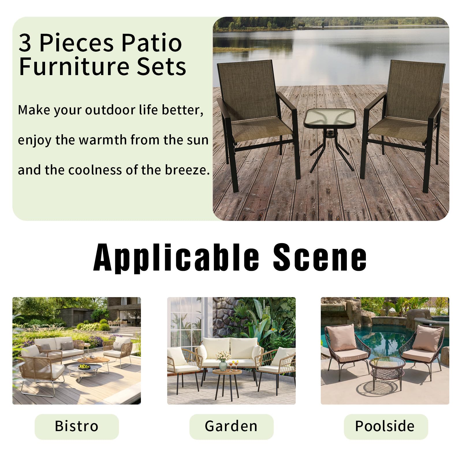 JRBIAOGE 3 Pieces Patio Furniture Set, Outdoor Garden Patio Conversation Sets with Glass Top Table & 2 Lawn Chairs Outdoor Bistro Set, for Backyard Lawn Porch Garden Poolside Balcony