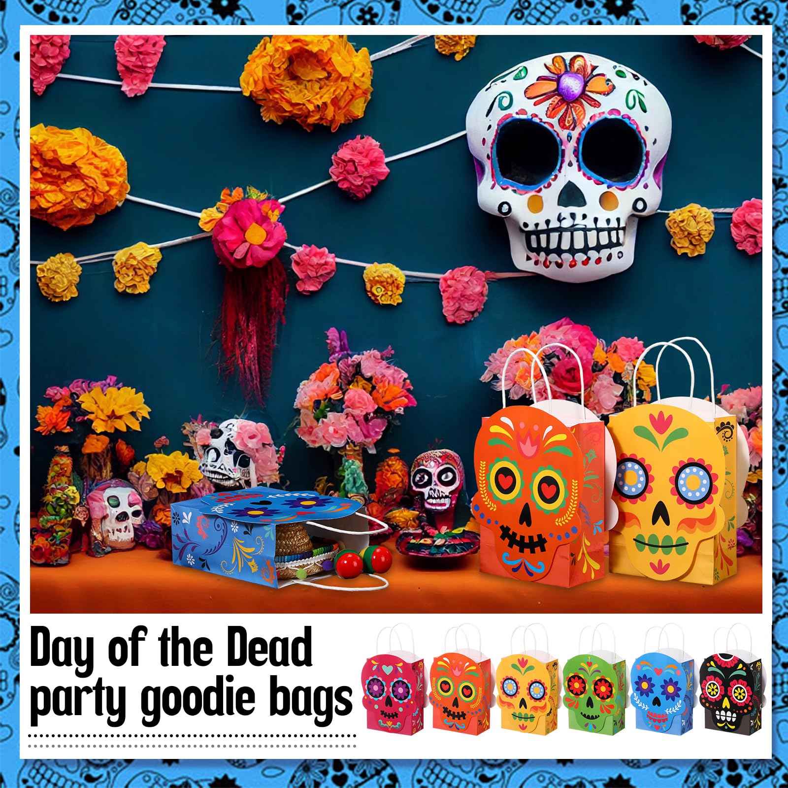 MotiMind 24 Pcs Day of The Dead Party Paper Bags Dia De Los Muertos Favors Bags with Handles Sugar Skull Treat Goodie Bags for Halloween Party Supplies