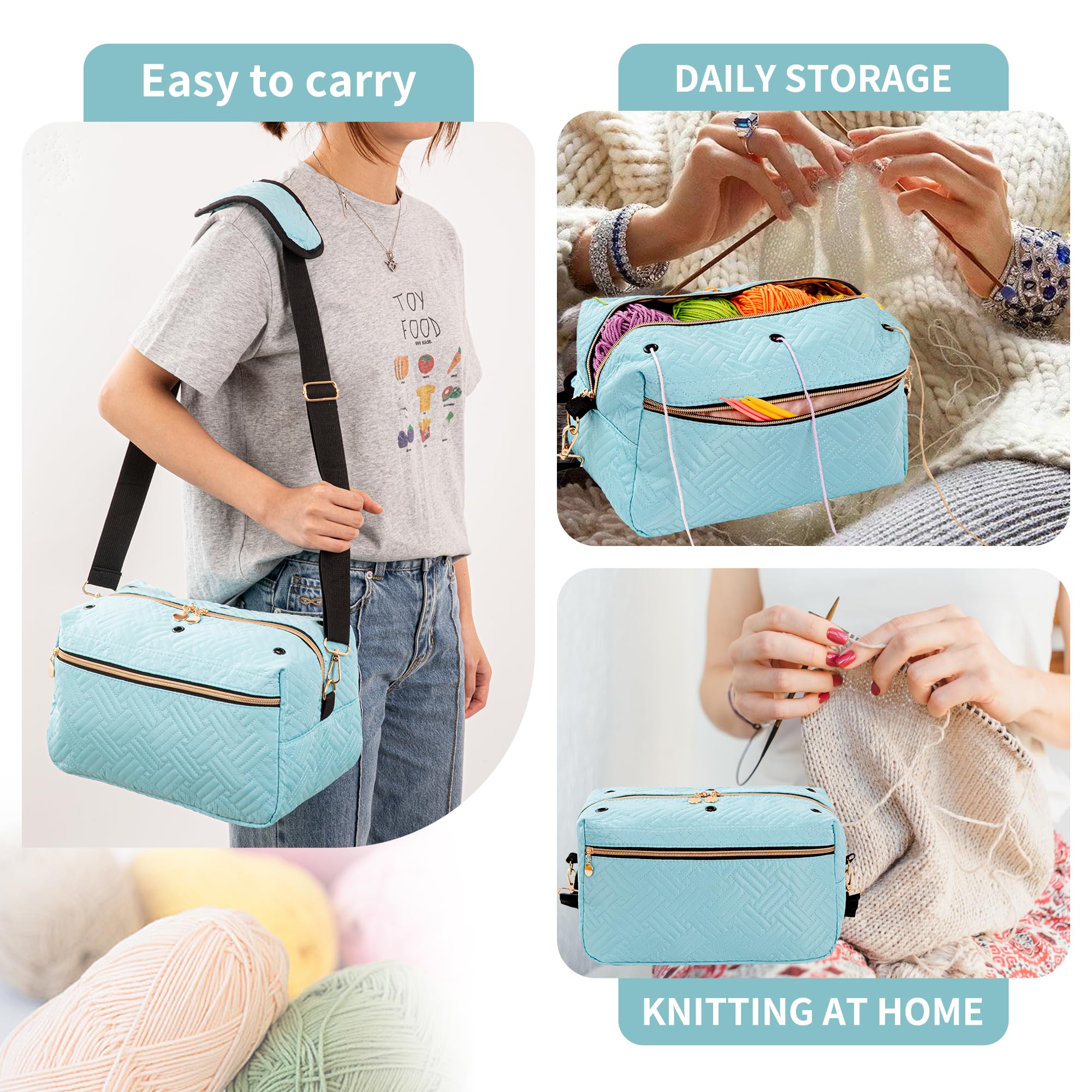 AGX Bravo Small Crochet Bag Organizer Knitting Bag Yarn Holder Storage Bag Crochet Hook Case for Women Crocheting Bags Organizer for 20x1.7oz Yarn Skeins and Crochet Knitting Accessories (Light Blue)