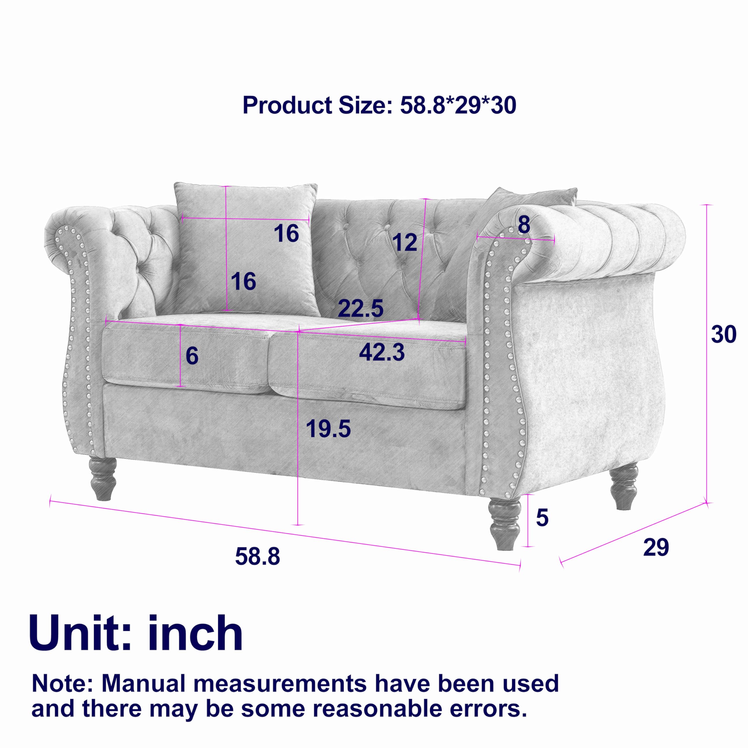 Sybrioka Velvet Loveseat Sofa Couches for Living Room,58" Small Love Seat 2 Seater Couch with Buttons Tufted, Gray Modern Chesterfield Upholstered Sofa Metal Legs, (Gray, 2 Seater)