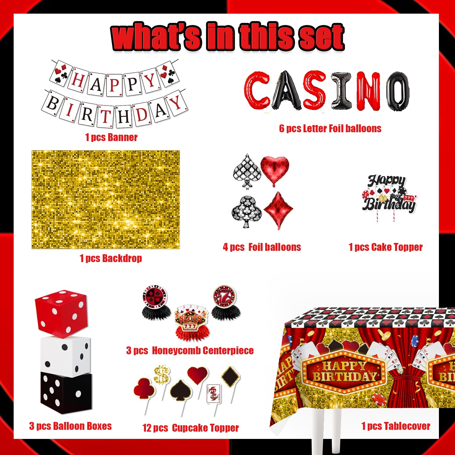 Casino Theme Party Decorations 132pcs Casino Party Decorations Casino Night Decorations Casino Birthday Decorations Casino Decorations includes Banner Balloon Box Backdrop Cake Decorations Tablecloth