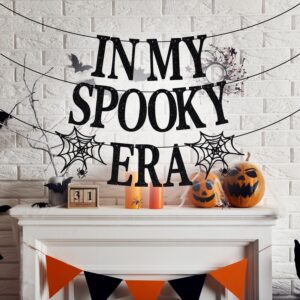 Jenrtvis In My Spooky Era Banner, Halloween Birthday Party Decoration Supplies, It's Halloween Time, Spooky Season Party Decoration Supplies, Halloween Horror Party Banner Black Glitter