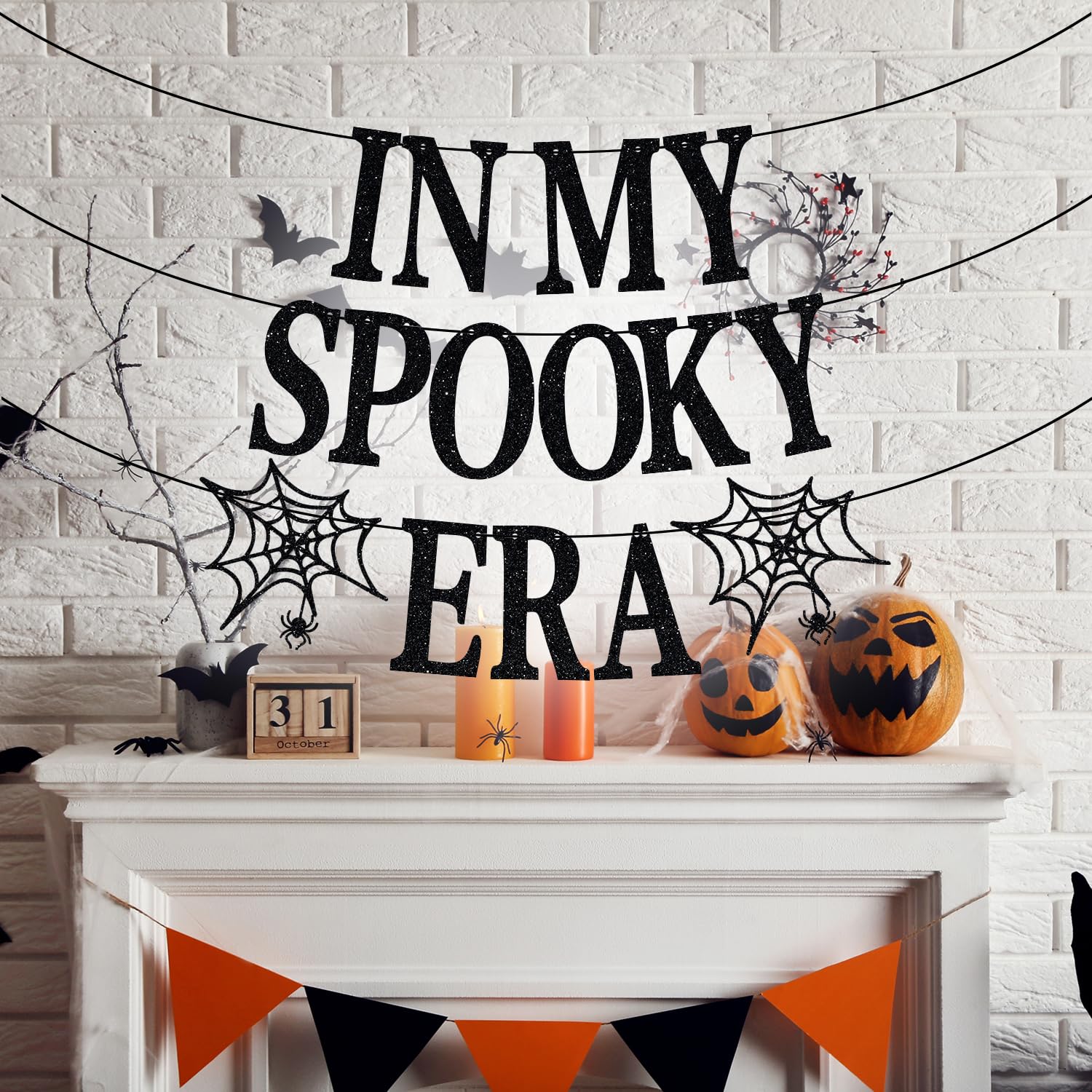 Jenrtvis In My Spooky Era Banner, Halloween Birthday Party Decoration Supplies, It's Halloween Time, Spooky Season Party Decoration Supplies, Halloween Horror Party Banner Black Glitter