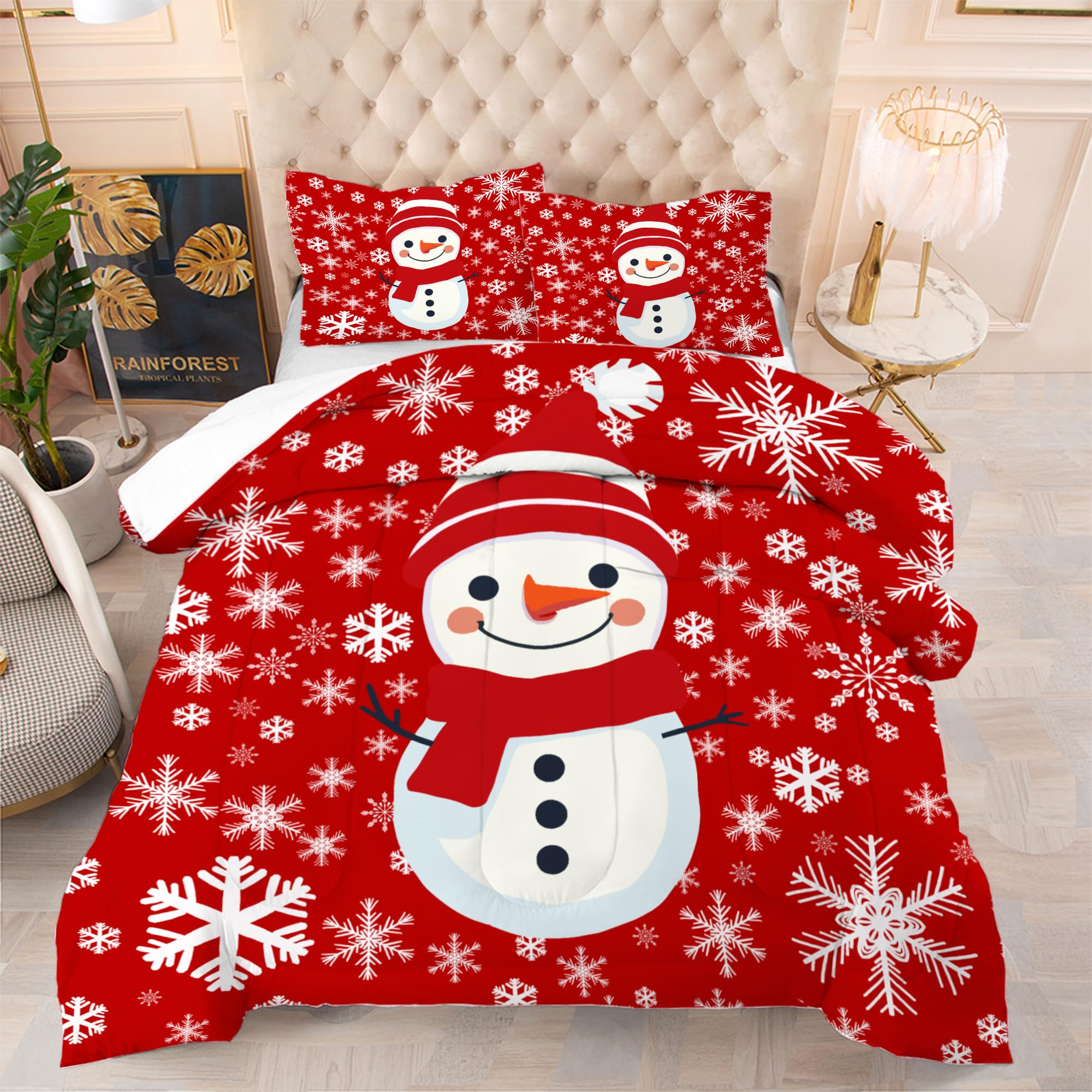 EDGZKO Comforter Set Christmas Snowman: Twin Size Kids Xmas Bedding Sets Red Snowflakes Quilt for Teens Girls Boys Christmas Decor Winter Snow Bed Set 1 Comforter & 1 Pillowcase