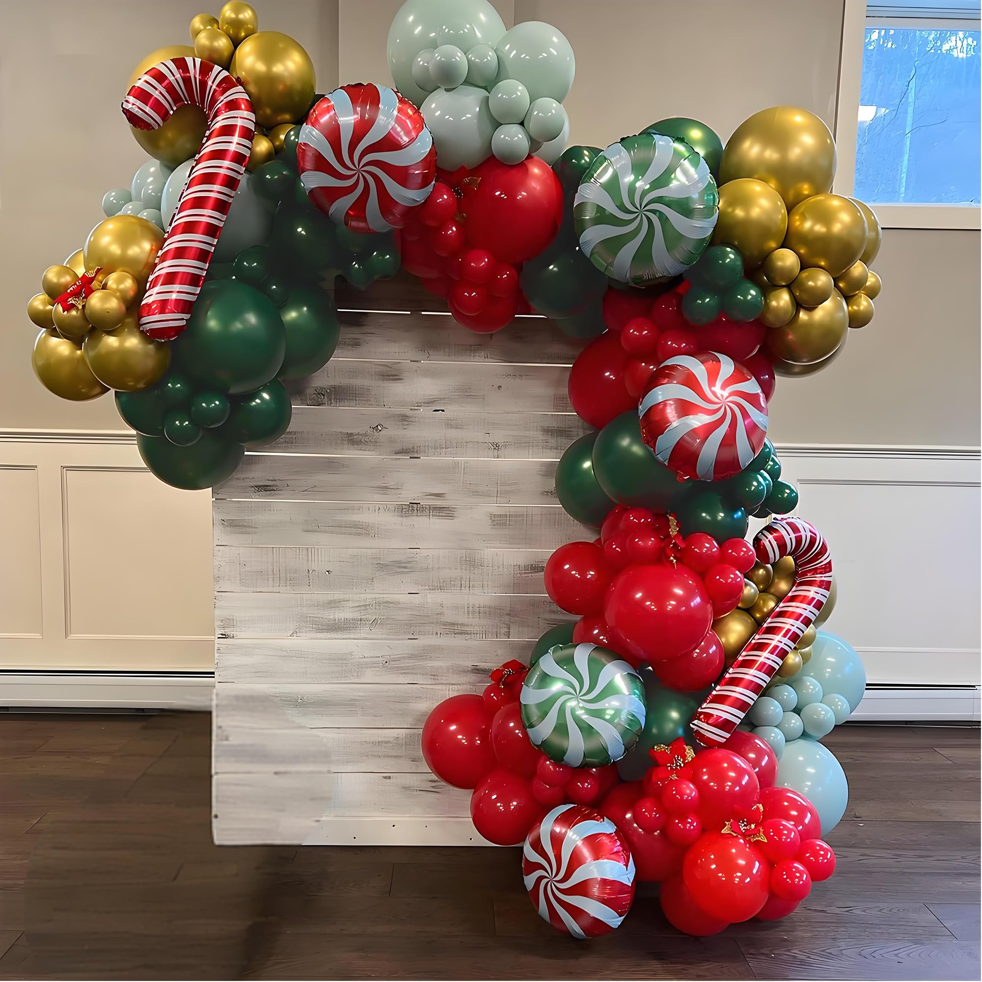 Christmas Balloon Garland Arch Kit Red Green Gold White 144 pcs 12" 10" 5" Latex Balloons Candy Cane Balloons for Kids Xmas New Year Birthday Holiday Party Indoor Outdoor Decorations Supplies