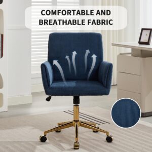 Stripes Velvet Home Office Desk Chair Accent Upholstered Modern Height Adjustable 360° Armchairs with Gold Base for Women Girls Ergonomic Study Seat Computer Task Stools for Living Room（Navy Blue）