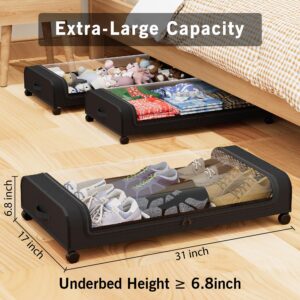 Under Bed Storage with Wheels 2 Pack: Under Bed Storage Containers with Lids, Large Under the Bed Storage with Wheels, Storage Drawers for Clothes, Books, Shoes (31”L x 17”W x 6.8”H)