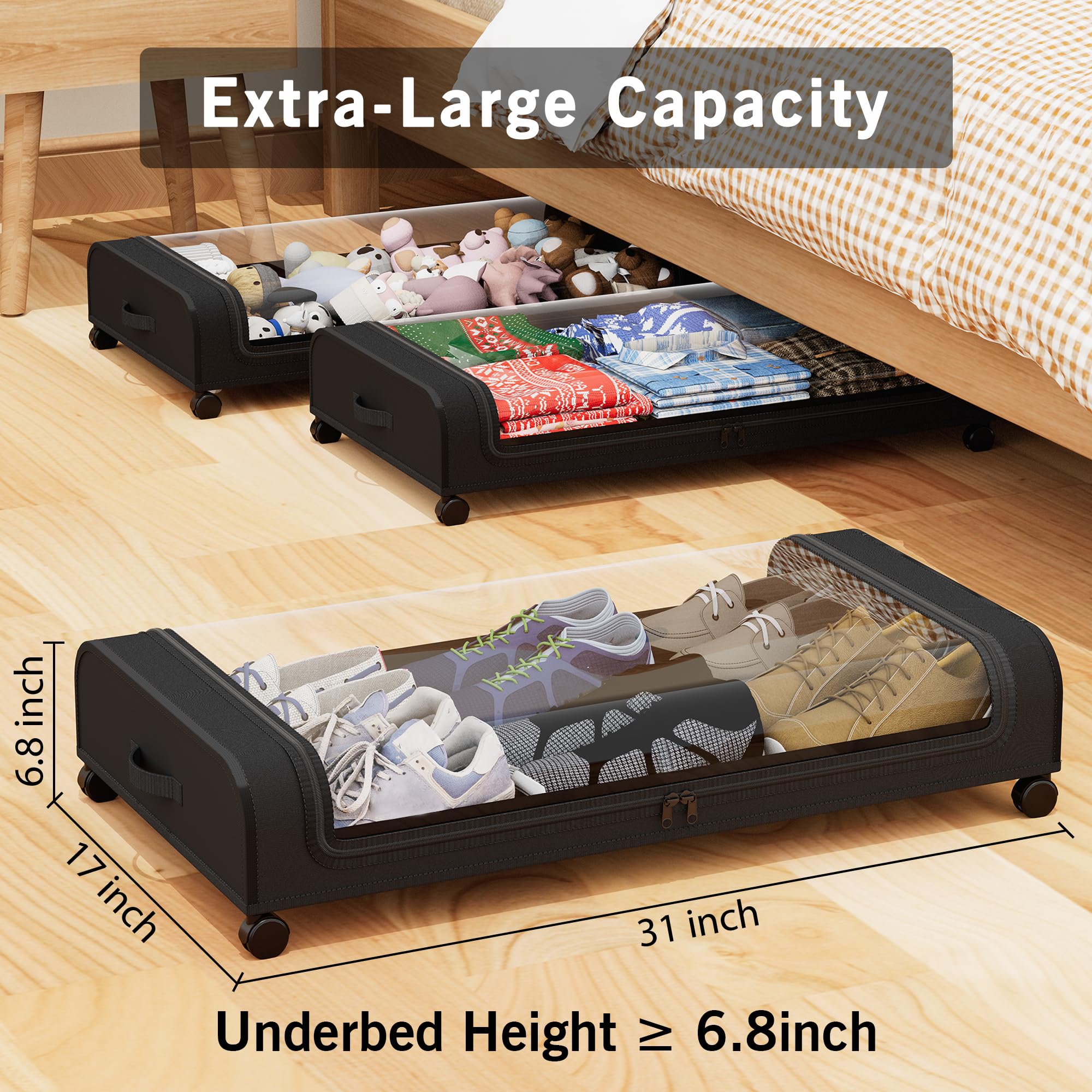 Under Bed Storage with Wheels 2 Pack: Under Bed Storage Containers with Lids, Large Under the Bed Storage with Wheels, Storage Drawers for Clothes, Books, Shoes (31”L x 17”W x 6.8”H)