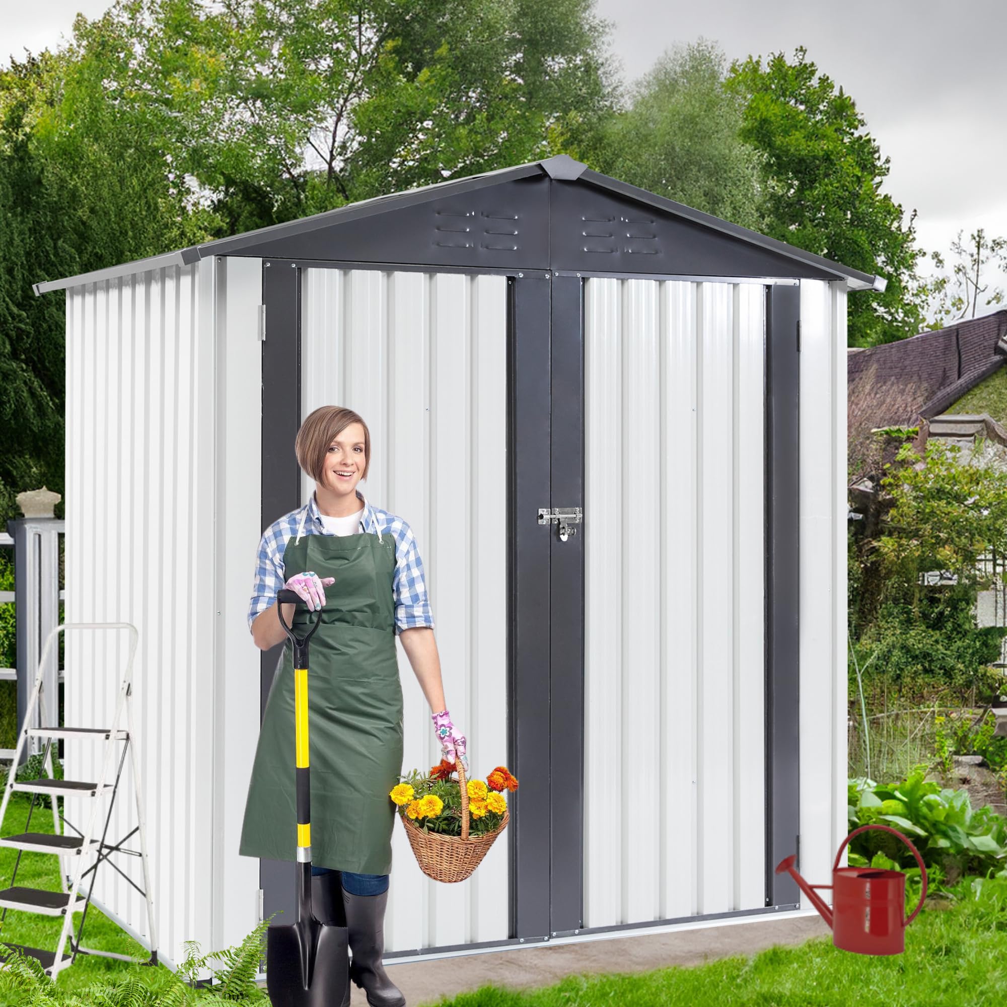 YOPTO 6x4x6 FT Metal Storage Shed Outdoor Storing Tools with Lockable Hinge Door,Per-FECT-to Store Garden Tools,Lawn Care Equipment and Outdoor-Toys for Backyard Patio,White+Grey