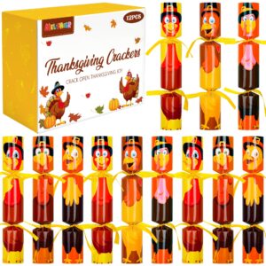 melisheer 12 pack thanksgiving crackers, thanksgiving party table favor, turkey design no snap no popping with party hat joke gift inside, thanksgiving holiday cracker for kids adults