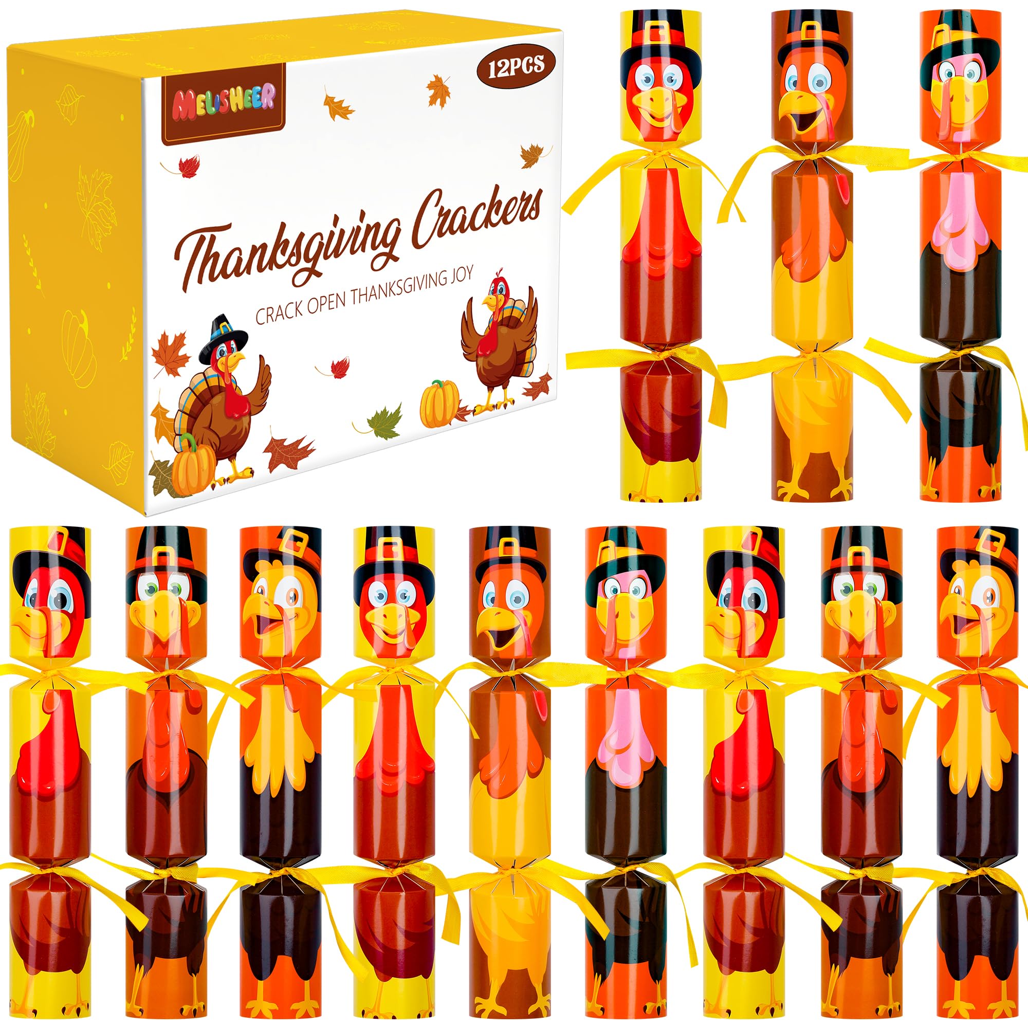 Melisheer 12 Pack Thanksgiving Crackers, Thanksgiving Party Table Favor, Turkey Design No Snap No Popping with Party Hat Joke Gift Inside, Thanksgiving Holiday Cracker for Kids Adults