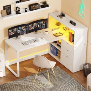 denominate l-shaped gaming desk with file drawer & led lights corner computer table with power outlets spacious workstation sleek designideal for