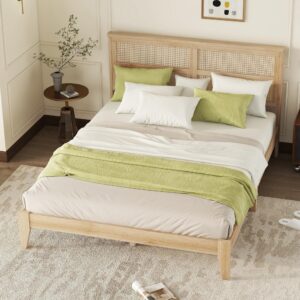 queen size platform bed with rattan headboard, wood platform bed frame with support legs, queen rattan bed frame for bedroom, no box spring needed, easy assembly, natural