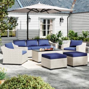 lhbcraft patio conversation set rattan outdoor 8 piece sectional furniture sofa set wicker couch with coffee table and cushions for poolside, backyard