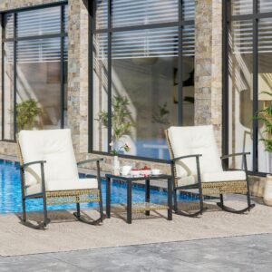 sdmy rocking bistro set, outdoor wicker furniture sets, patio conversation furniture set with 2 rockers and 1 metal coffee table with thick cushions, poolside, garden, white