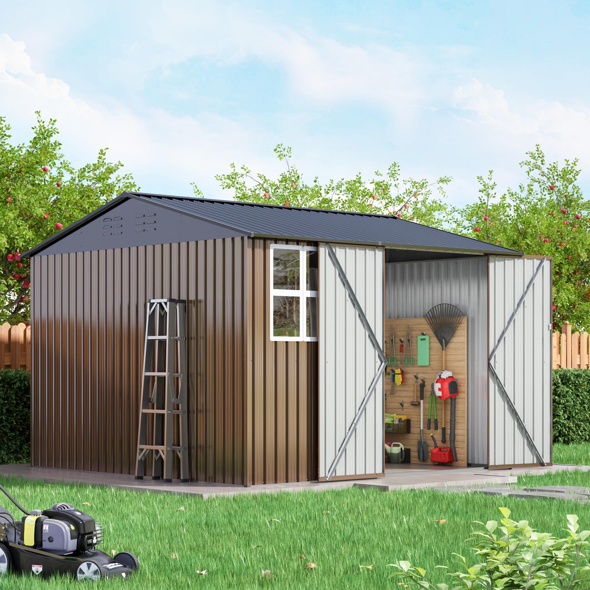 HOGYME 10x10 FT Outdoor Storage Shed, Large Metal Tool Sheds with Updated Frame Structure and Lockable Doors, Garden Shed for Backyard Garden Patio Lawn, Brown