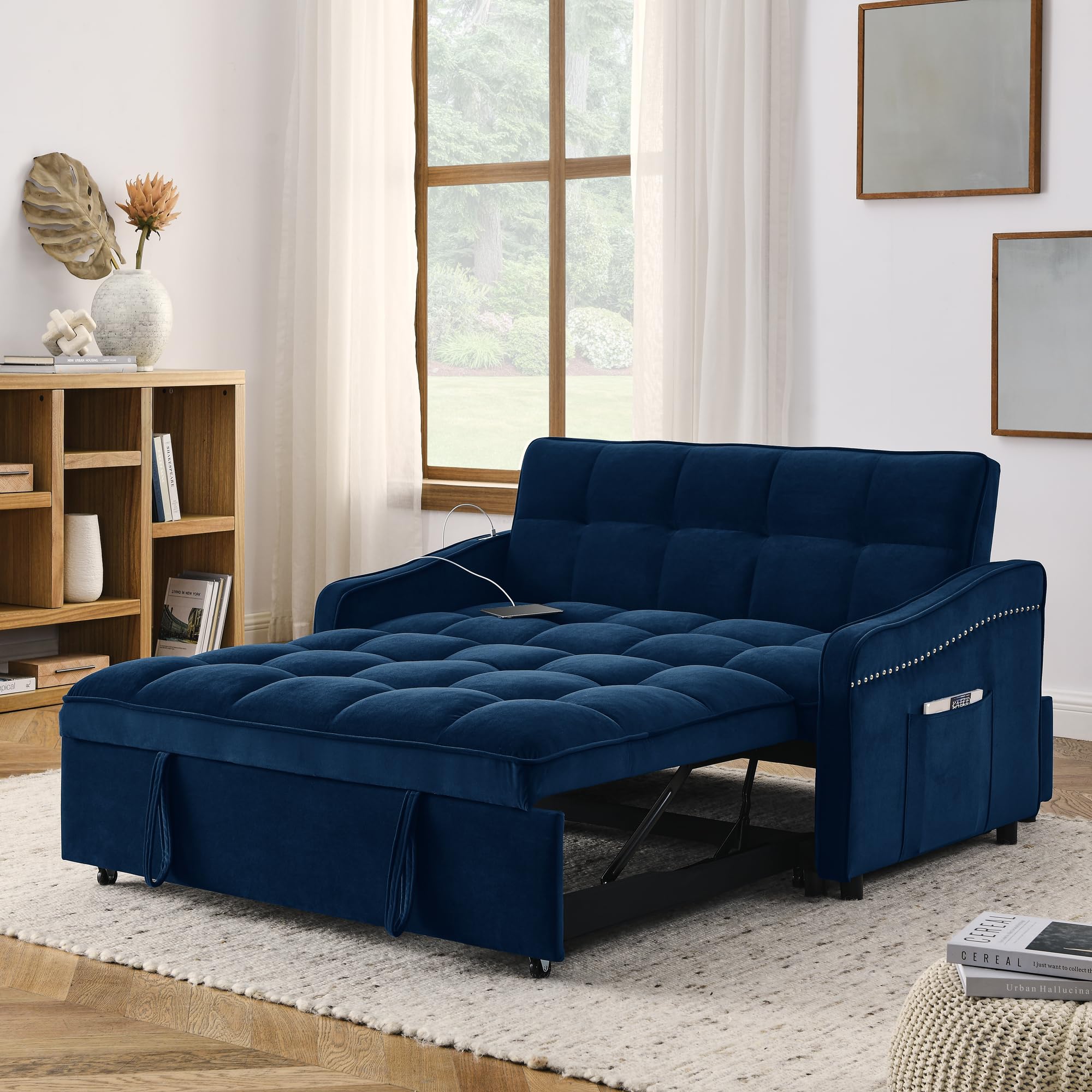 Ball & Cast Velvet Sleeper Sofa Bed, 3 in 1 Convertible Couch with Adjsutable Back and Two Arm Pockets, 53" Loveseat with Type C and USB Charging for Living Room, Apartment,Blue