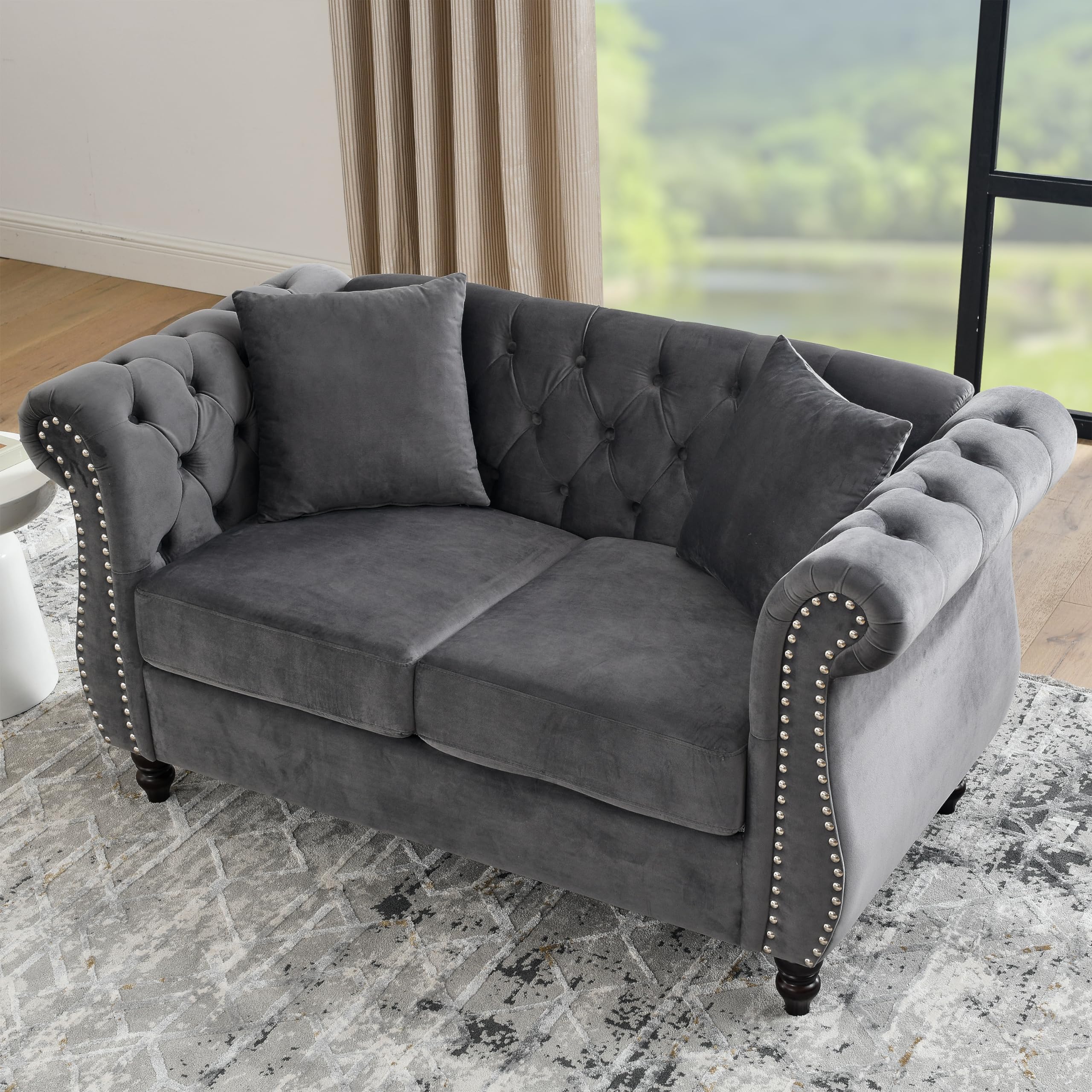 Sybrioka Velvet Loveseat Sofa Couches for Living Room,58" Small Love Seat 2 Seater Couch with Buttons Tufted, Gray Modern Chesterfield Upholstered Sofa Metal Legs, (Gray, 2 Seater)