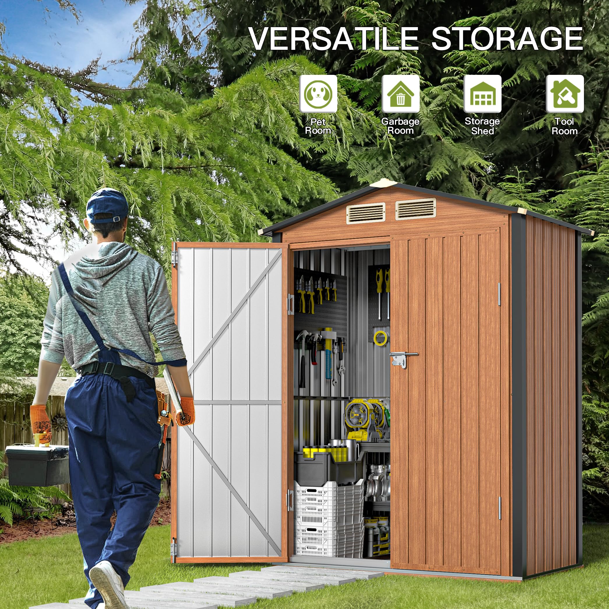 Florise Outdoor Storage Shed, 5x3 Ft Metal Steel Tiny House with Frame Floor & Lockable Door, Vertical Outside Storage Building for Garden, Backyard, Lawn, Patio Utility, Tool Storage