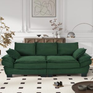 merax 85.4" modern curved corduroy fabric sofa, back upholstered couch with 2 decorative throw pillows for living room, bedroom, apartment, dark green