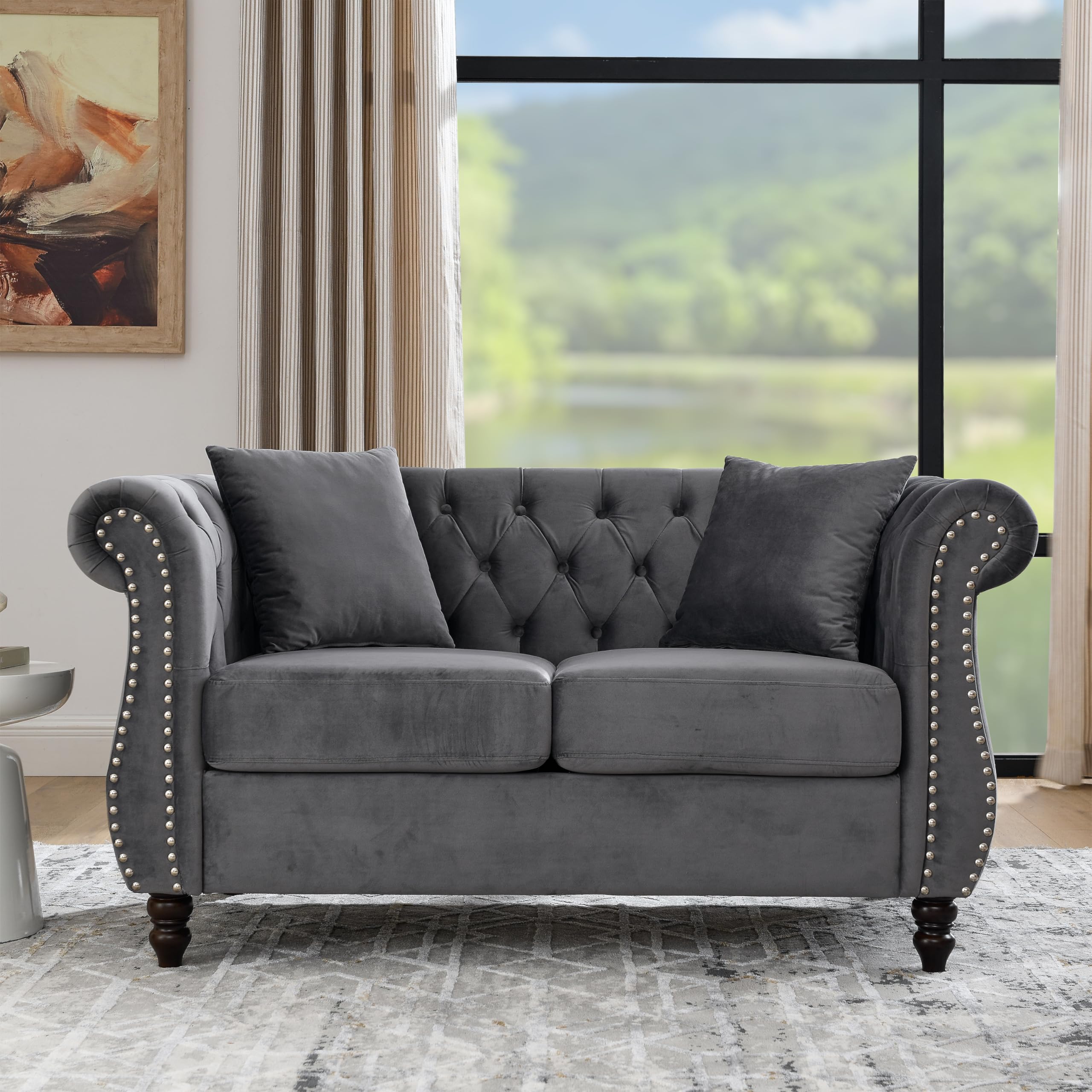 Sybrioka Velvet Loveseat Sofa Couches for Living Room,58" Small Love Seat 2 Seater Couch with Buttons Tufted, Gray Modern Chesterfield Upholstered Sofa Metal Legs, (Gray, 2 Seater)