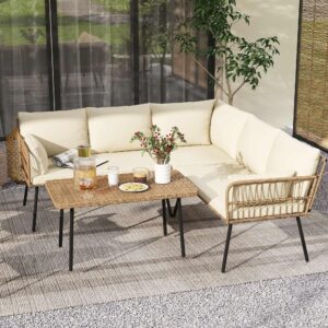 dwvo patio furniture set, 4 pieces outdoor patio conversation set, all-weather pe rattan sectional l-shaped sofa with soft cushion and side table for backyard, porch, boho detachable lounger (beige)