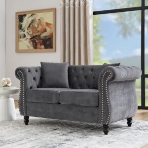 Sybrioka Velvet Loveseat Sofa Couches for Living Room,58" Small Love Seat 2 Seater Couch with Buttons Tufted, Gray Modern Chesterfield Upholstered Sofa Metal Legs, (Gray, 2 Seater)