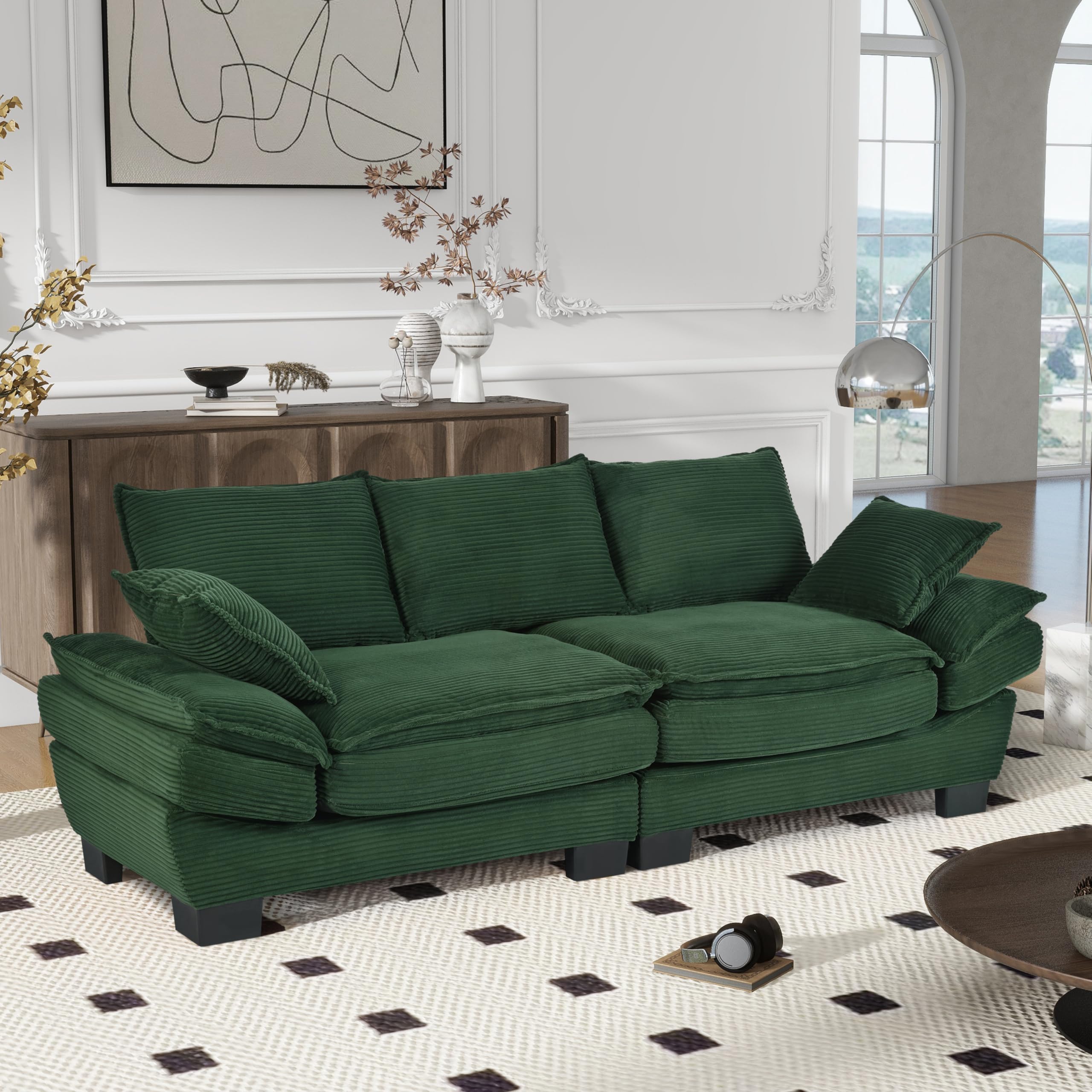 Merax 85.4" Modern Curved Corduroy Fabric Sofa, Back Upholstered Couch with 2 Decorative Throw Pillows for Living Room, Bedroom, Apartment, Dark Green