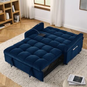 Ball & Cast Velvet Sleeper Sofa Bed, 3 in 1 Convertible Couch with Adjsutable Back and Two Arm Pockets, 53" Loveseat with Type C and USB Charging for Living Room, Apartment,Blue