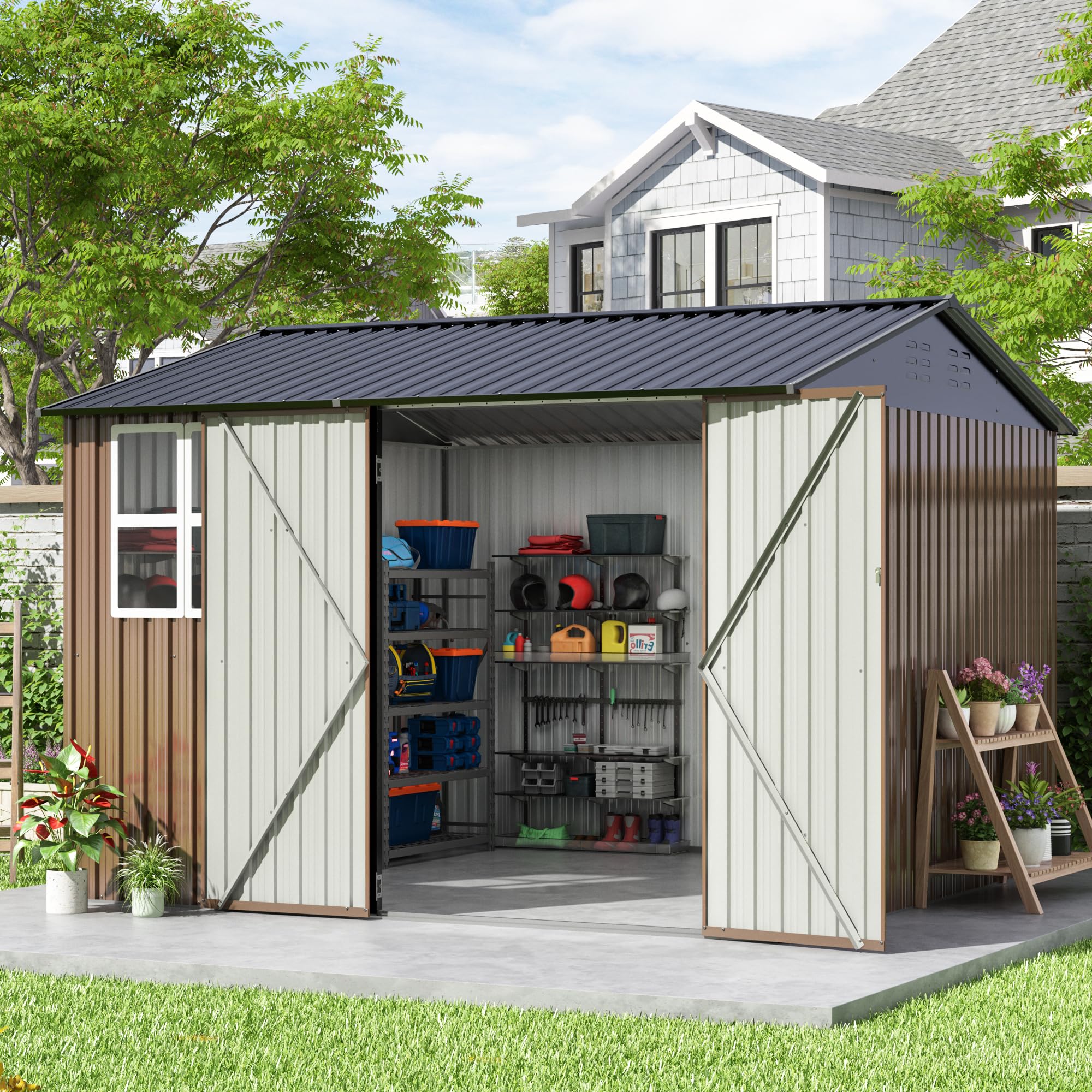 HOGYME 10x10 FT Outdoor Storage Shed, Large Metal Tool Sheds with Updated Frame Structure and Lockable Doors, Garden Shed for Backyard Garden Patio Lawn, Brown