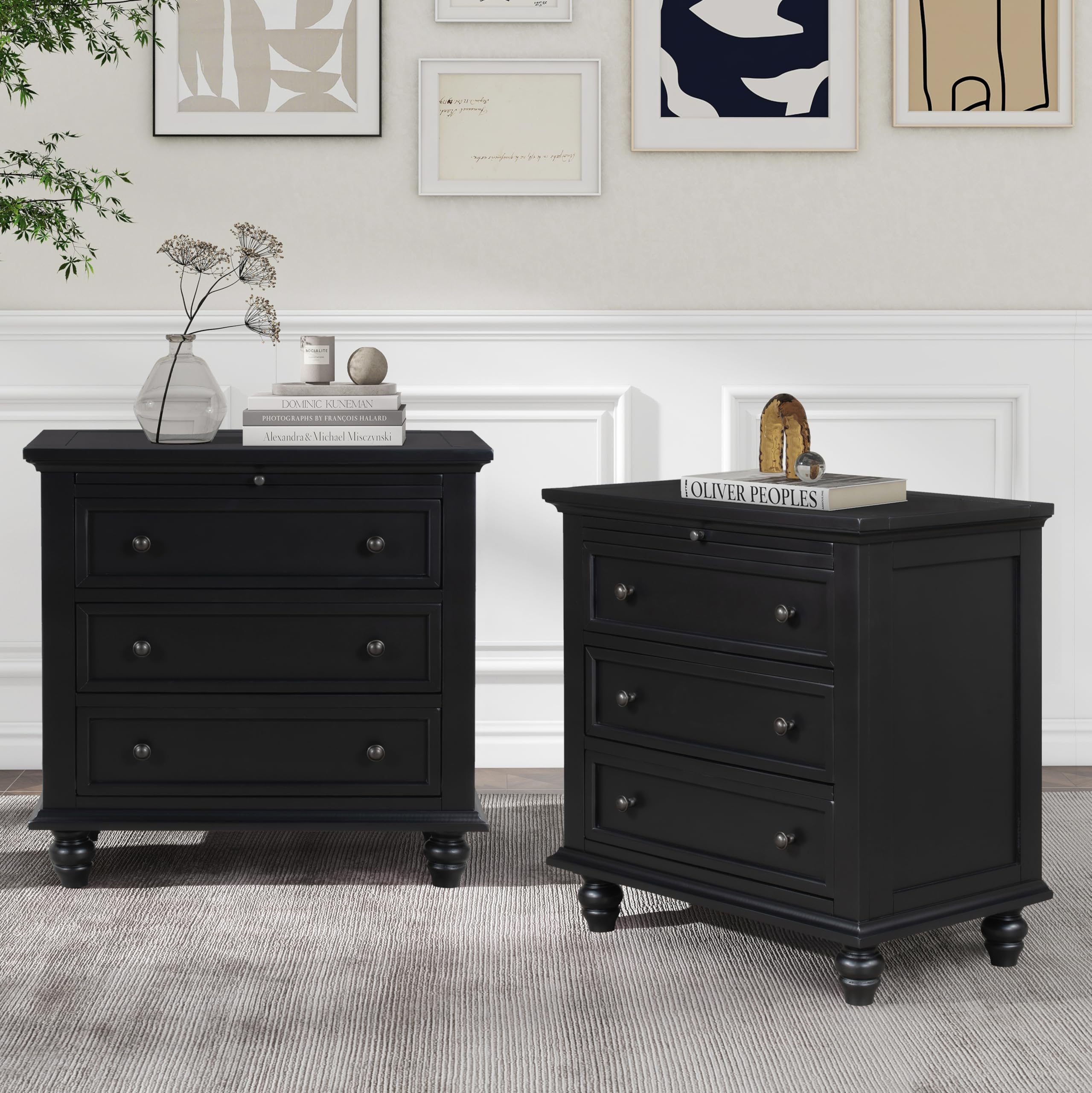 Merax Nightstand with Drawers Set of 2, Wood Bedside End Table with Pull Out Tray, Black and Black