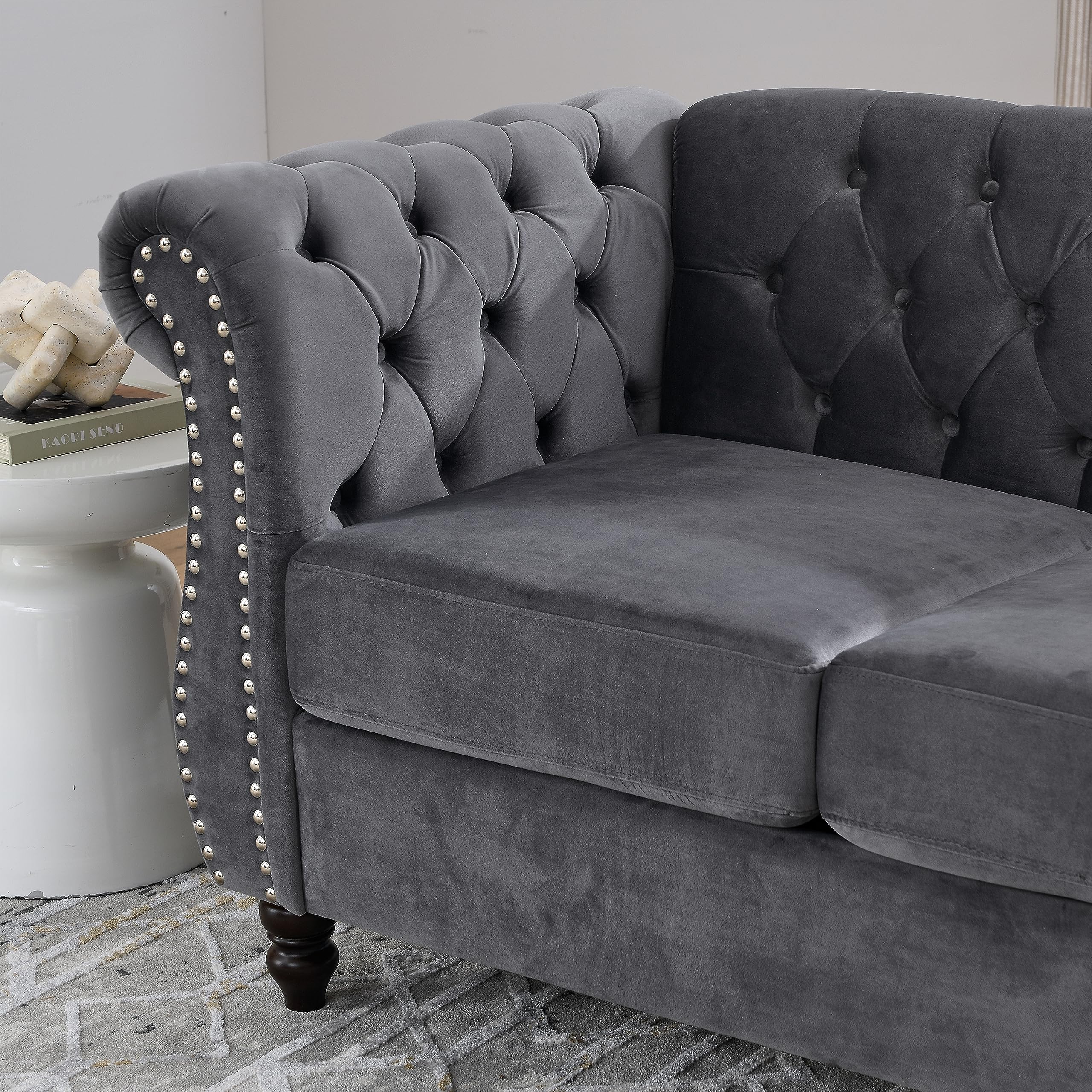 Sybrioka Velvet Loveseat Sofa Couches for Living Room,58" Small Love Seat 2 Seater Couch with Buttons Tufted, Gray Modern Chesterfield Upholstered Sofa Metal Legs, (Gray, 2 Seater)