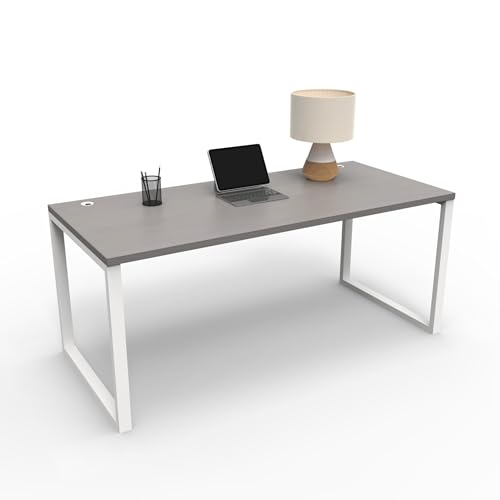 Connect it 60"x30" Desk with Grey Strand Top and Modern White Metal O-Leg Frame