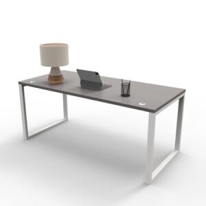 Connect it 60"x30" Desk with Grey Strand Top and Modern White Metal O-Leg Frame