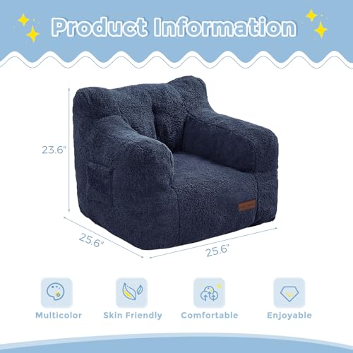 MAXYOYO Kids Sherpa Bean Bag Chair, Boucle Toddler Chair Toddler Bean Bag Couch for Girls and Boys, Teddy Lazy Sofa Accent Chair with Pocket for Playing, Navy