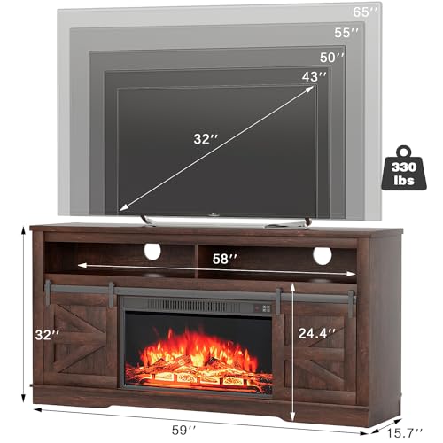 YESHOMY Fireplace TV Stand for Television up to 65+ Inch with Storage and Farmhouse Sliding Barn Doors, Entertainment Center with Cabinet and Shelves, Media Console for Living Room, Dark Brown