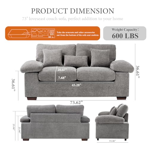 Living Room Loveseat Sofa Couch, 73" Love Seat Couch Sofa, Upholstered Chenille Living Room Sofa with Extra 3 Pillow, Removable Back Cushion-LightGrey