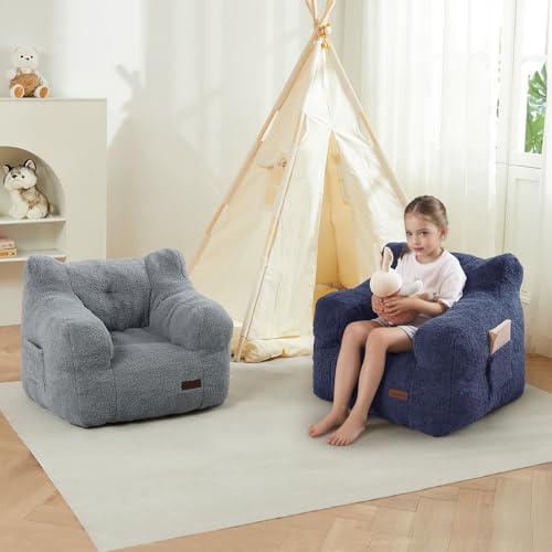 MAXYOYO Kids Sherpa Bean Bag Chair, Boucle Toddler Chair Toddler Bean Bag Couch for Girls and Boys, Teddy Lazy Sofa Accent Chair with Pocket for Playing, Navy