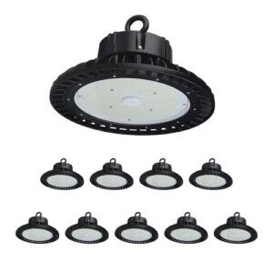 ledmyplace ufo led high bay light, 240w/220w/200w adjustable, ufo led shop lights, 36,000lm 4000k cool white 0-10v dimmable, 120-277v, commercial bay lighting for warehouse factory barn, pack of 10