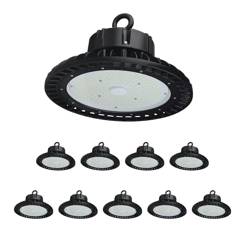 LEDMyplace UFO LED High Bay Light, 240W/220W/200W Adjustable, UFO Led Shop Lights, 36,000LM 4000K Cool White 0-10V Dimmable, 120-277V, Commercial Bay Lighting for Warehouse Factory Barn, Pack of 10