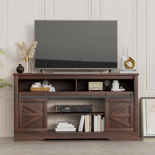 YESHOMY Fireplace TV Stand for Television up to 65+ Inch with Storage and Farmhouse Sliding Barn Doors, Entertainment Center with Cabinet and Shelves, Media Console for Living Room, Dark Brown