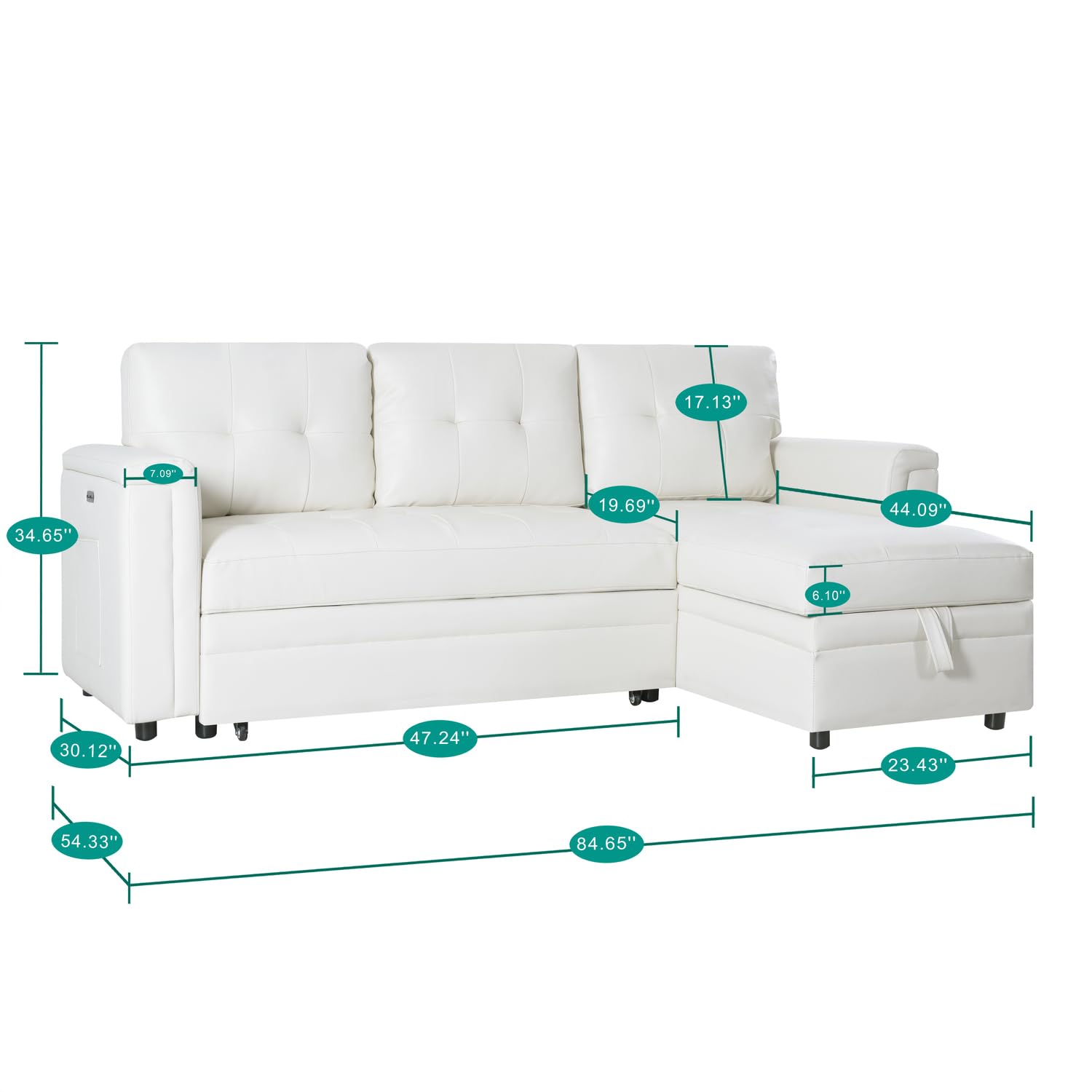 Naomi Home L-Shaped Sectional Sleeper Sofa with USB Ports - Convertible Pull-Out Bed, Ample Storage, Timeless Design, Durable Construction, White/Air Leather