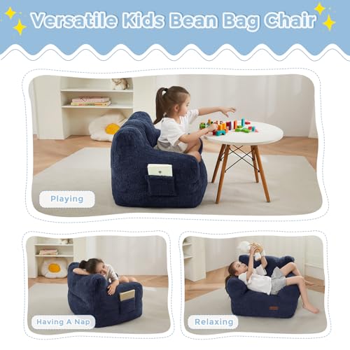 MAXYOYO Kids Sherpa Bean Bag Chair, Boucle Toddler Chair Toddler Bean Bag Couch for Girls and Boys, Teddy Lazy Sofa Accent Chair with Pocket for Playing, Navy