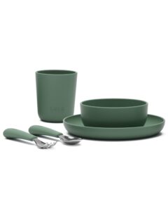 lalo big bites kids dinnerware starter set - dishwasher safe, bpa free, kids tableware set - includes stackable bowl, plate, utensils & cup - 5 pieces - olive